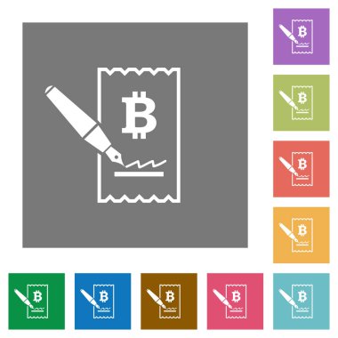 Bitcoin çek düz simgeler basit renkli kare arka planlar üzerinde imzalama
