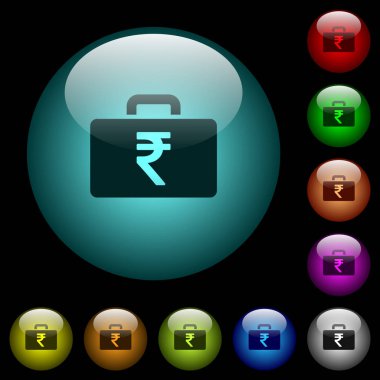 Renkli ışıklı küresel cam düğmeler siyah arka plan üzerine Hindistan Rupisi çanta simgeler. Siyah veya koyu şablonları için kullanılabilir