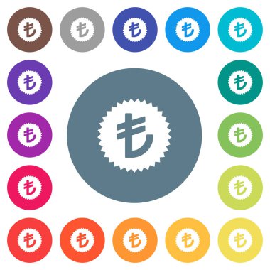 Geri ödeme Lirası garanti yuvarlak renkli arka planlar üzerinde etiket düz beyaz simgeler. 17 arka plan renk değişimleri dahil.