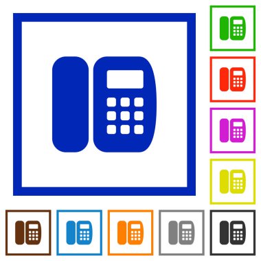 Kare kare beyaz arka plan üzerinde ofis telefon düz renk simgeleri