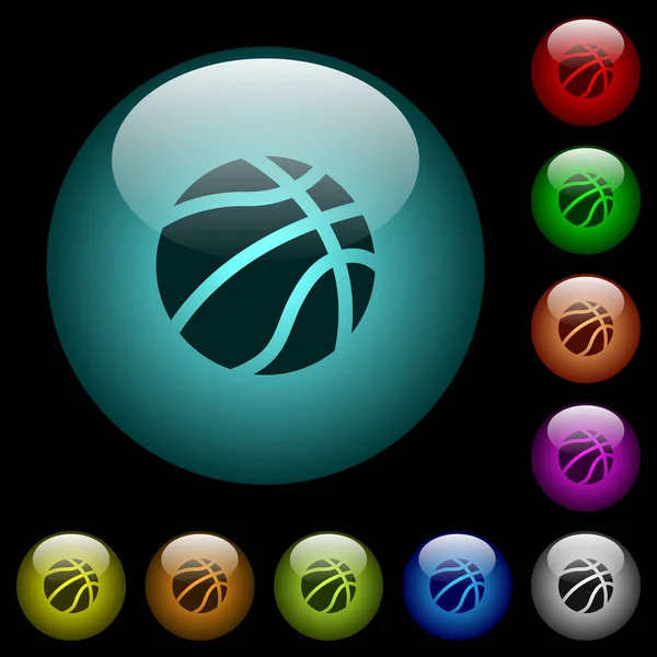 Basketball Icons Color Illuminated Spherical Glass Buttons Black Background Can — Stock Vector