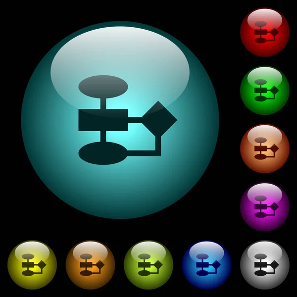在黑色背景下 彩色照明球形玻璃按钮的流程图图标 可用于黑色或深色模板 — 图库矢量图片