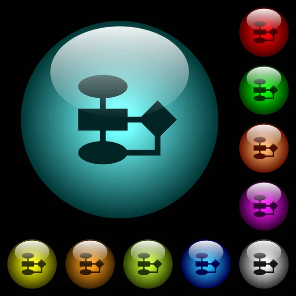 Ícones Fluxograma Botões Vidro Esféricos Iluminados Cores Fundo Preto Pode — Vetor de Stock