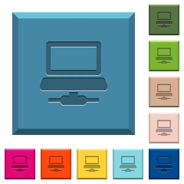 Netwerkcomputer Gegraveerd Pictogrammen Geslepen Vierkante Knoppen Verschillende Trendy Kleuren — Stockvector