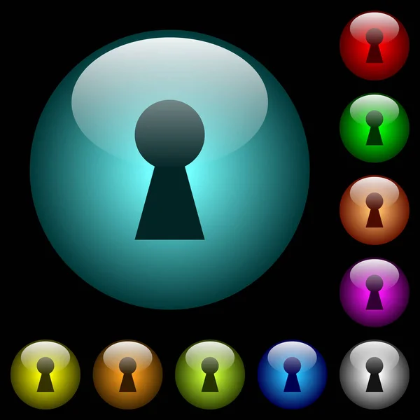 锁孔图标在彩色照明球形玻璃按钮黑色背景 可用于黑色或深色模板 — 图库矢量图片