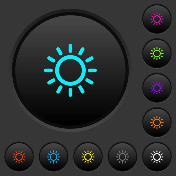 暗い灰色の背景に色鮮やかなアイコンで明るさコントロール暗いプッシュ ボタン — ストックベクタ
