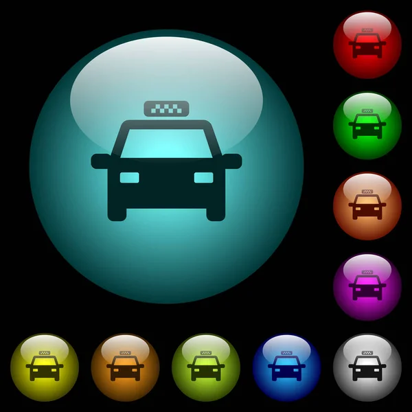 Taxi Coche Iconos Color Iluminado Botones Vidrio Esférico Sobre Fondo — Vector de stock