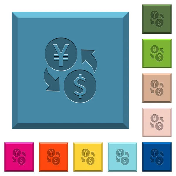 Yen Dollar Cambio Moneda Iconos Grabados Los Botones Cuadrados Bordes — Vector de stock