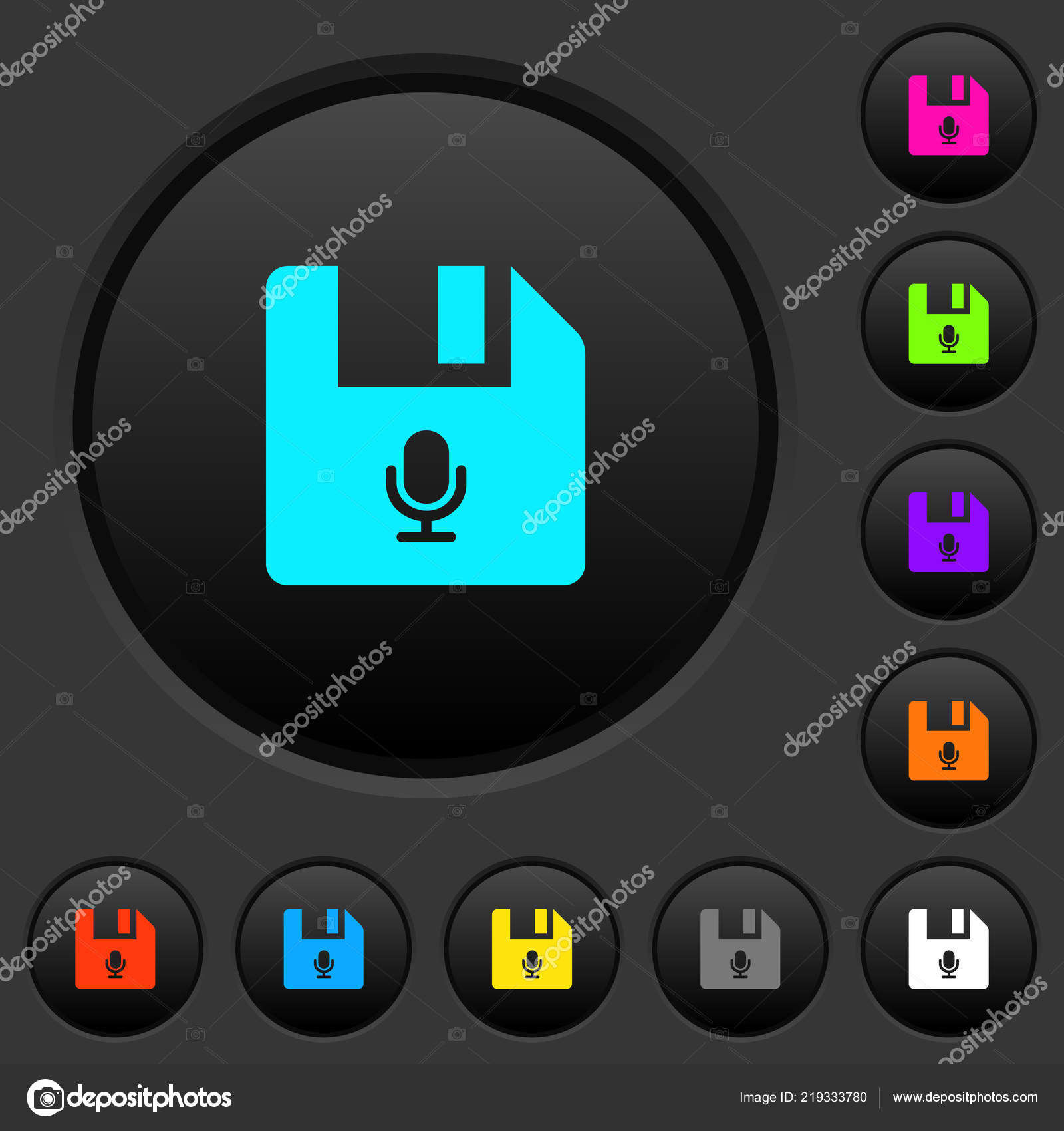 Voice File Dark Push Buttons Vivid Color Icons Dark Grey Stock Vector