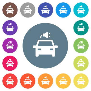 Elektrikli otomobil ile yuvarlak renkli arka planlar üzerinde bağlayıcı düz beyaz kutsal kişilerin resmi. 17 arka plan renk değişimleri dahil.