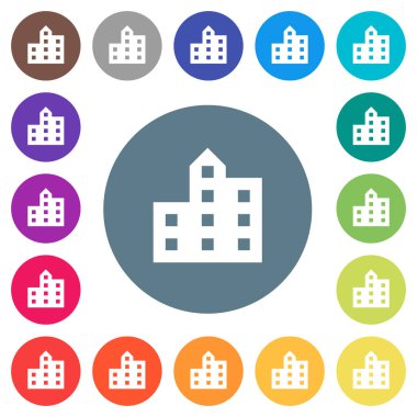 Yuvarlak renkli arka planlar üzerinde şehir düz beyaz siluet simgeler. 17 arka plan renk değişimleri dahil.