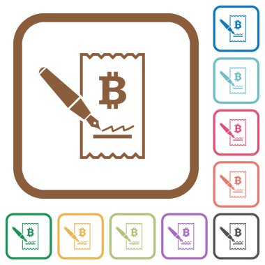 Yuvarlak kare kare beyaz arka plan üzerinde renkli Bitcoin çek basit simgeler imzalama
