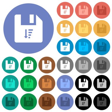 Dosya sıralama çok azalan yuvarlak arka planlar üzerinde düz simgeler renkte. Beyaz, açık ve koyu kutsal kişilerin resmi varyasyon vurgulu ve etkin durumu efektleri ve bonus tonları siyah backgounds tarih dahil.