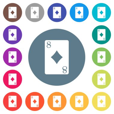 Sekiz elmas yuvarlak renkli arka planlar üzerinde düz beyaz simgeler kartı. 17 arka plan renk değişimleri dahil.