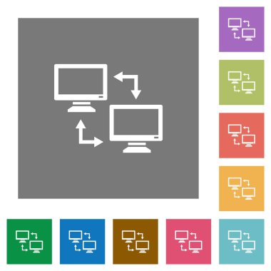 Data syncronization flat icons on simple color square backgrounds clipart