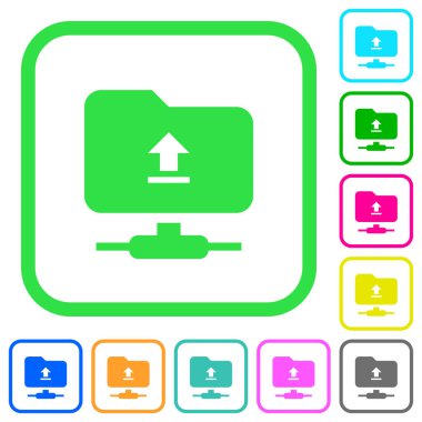 Beyaz arka plan üzerinde eğri sınırları içinde canlı renkli düz simgeler FTP upload