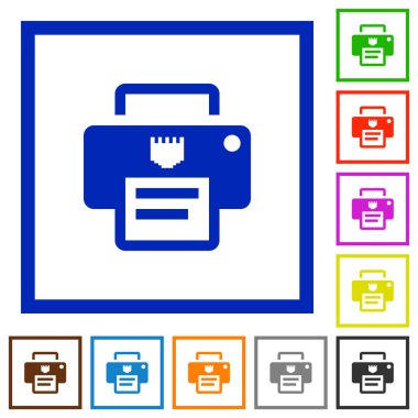 Kare kare beyaz arka plan üzerinde IP yazıcı düz renk simgeleri