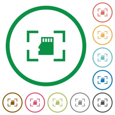 Fotoğraf makinesi bellek kartı düz renk simgeleri özetliyor beyaz arka plan üzerinde yuvarlak