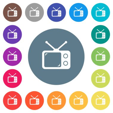 Vintage retro televizyon düz beyaz simgeleri yuvarlak renkli arka planlar. 17 arka plan renk değişimleri dahil.