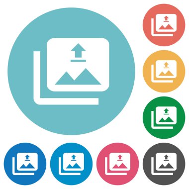 Birden çok görüntü düz beyaz simgesi yuvarlak renkli arka planlar üzerinde upload