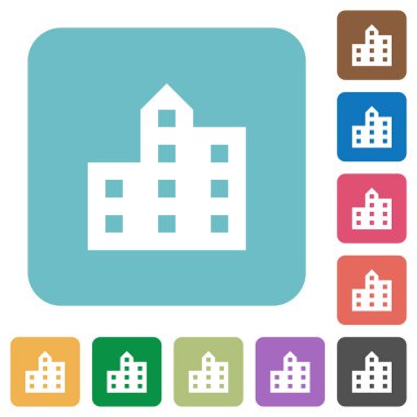 Şehir silueti beyaz düz simgeler renk üzerinde yuvarlak kare arka planlar