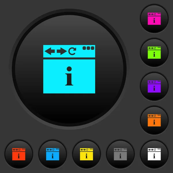 暗い灰色の背景に鮮やかな色のアイコンを持つブラウザー情報暗いプッシュ ボタン — ストックベクタ