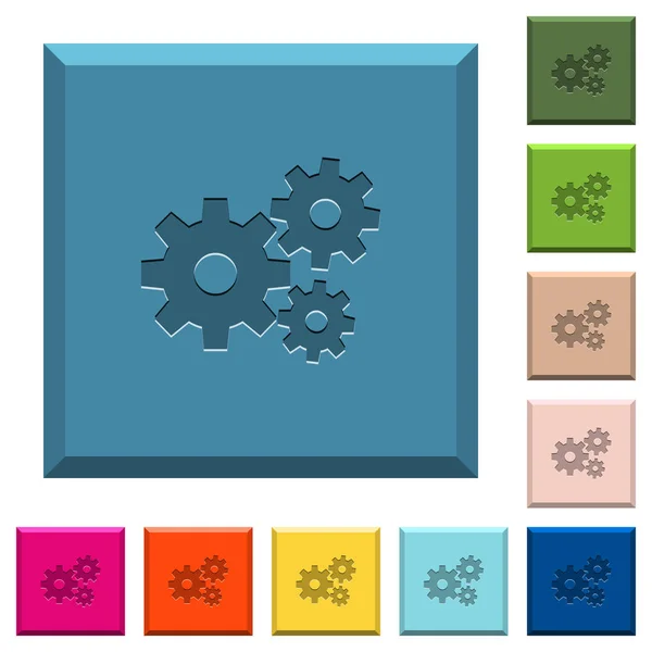 Γρανάζια Χαραγμένο Εικόνες Κομμένες Τετράγωνα Κουμπιά Διάφορα Μοντέρνα Χρώματα — Διανυσματικό Αρχείο