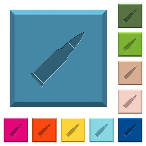 子弹步枪弹药雕刻图标在边缘方形按钮在各种时髦的颜色 — 图库矢量图片
