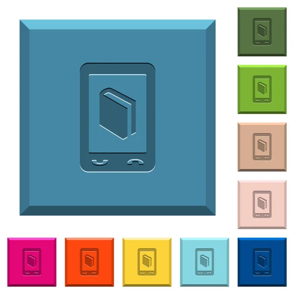 移动字典在各种时髦颜色的边缘方形按钮上刻上图标 — 图库矢量图片