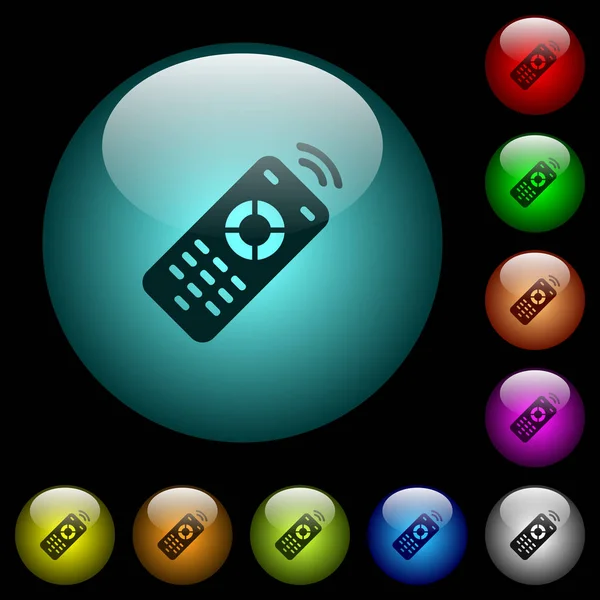 工作的远程控制图标在彩色照明球面玻璃按钮上的黑色背景 可用于黑色或深色模板 — 图库矢量图片