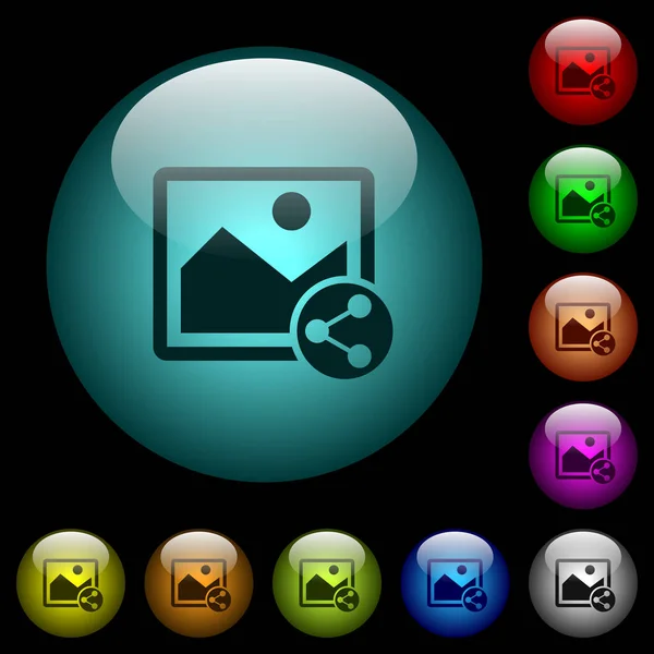 在黑色背景上的彩色彩色球形玻璃按钮中共享图像图标 可用于黑色或深色模板 — 图库矢量图片