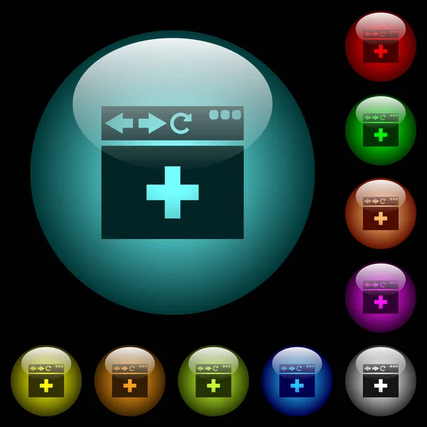 Browser Fügen Sie Neue Tab Symbole Farbig Beleuchteten Sphärischen Glasknöpfen — Stockvektor