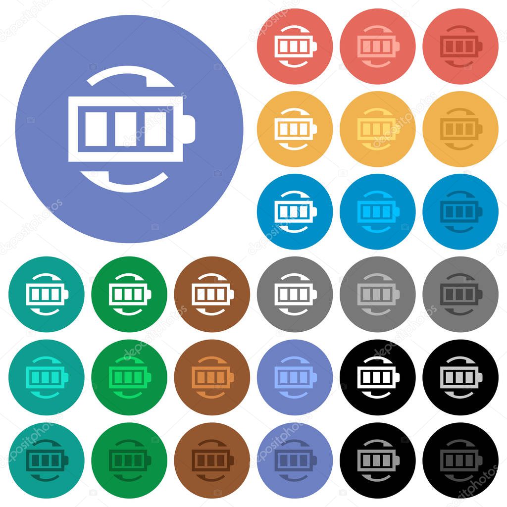 Rechargeable battery multi colored flat icons on round backgrounds. Included white, light and dark icon variations for hover and active status effects, and bonus shades on black backgounds.