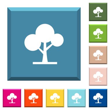 Yapraklı ağaç beyaz simgeleri çeşitli moda renklerde ucu keskin kare düğmeleri