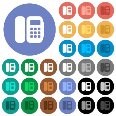 Ofis telefon çok yuvarlak arka planlar üzerinde düz simgeler renkte. Beyaz, açık ve koyu kutsal kişilerin resmi varyasyon vurgulu ve etkin durumu efektleri ve bonus tonları siyah backgounds tarih dahil.