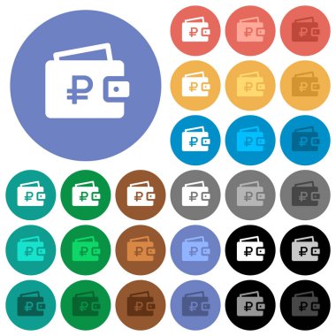 Rublesi cüzdan çok yuvarlak arka planlar üzerinde düz simgeler renkte. Beyaz, açık ve koyu kutsal kişilerin resmi varyasyon vurgulu ve etkin durumu efektleri ve bonus tonları siyah backgounds tarih dahil.