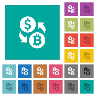 Doları Bitcoin para Satım çok düz simgeler düz kare arka plan üzerinde renkli. Beyaz ve koyu kutsal kişilerin resmi varyasyon hover veya etkin efektleri dahil.