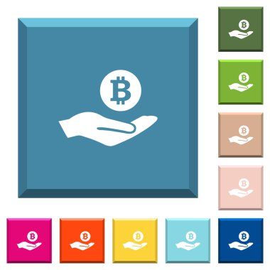 Bitcoin kazancı simgeler çeşitli moda renklerde ucu keskin kare düğmeleri beyaz