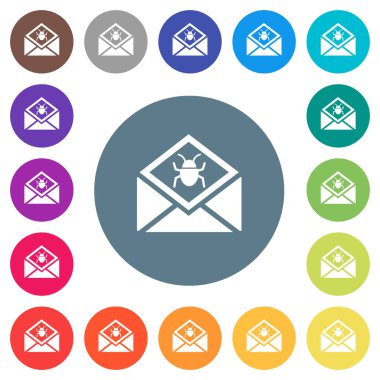 Yuvarlak renkli arka planlar üzerinde malware sembolü düz beyaz simgelerle posta'yı açın. 17 arka plan renk değişimleri dahil.