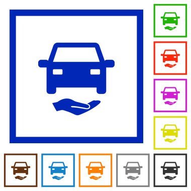 Kare kare beyaz arka plan üzerinde araba sigorta düz renk simgeleri