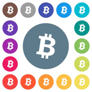 Bitcoin dijital cryptocurrency düz beyaz simgeleri yuvarlak renkli arka planlar. 17 arka plan renk değişimleri dahil.