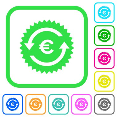 Euro ödeme geri garanti etiketi canlı renkli düz simgeler beyaz arka plan üzerinde eğri sınırları içinde