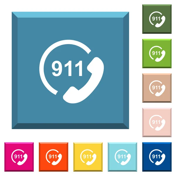 Chiamata Emergenza 911 Icone Bianche Pulsanti Quadrati Bordati Vari Colori — Vettoriale Stock