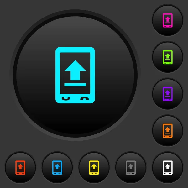携帯アップロード暗い暗い灰色の背景に色鮮やかなアイコンとボタンを押す — ストックベクタ