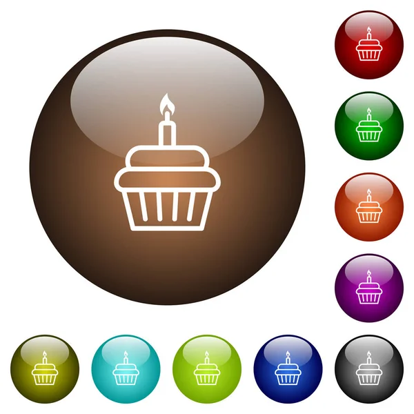Cupcake Compleanno Icone Bianche Pulsanti Vetro Colore Rotondo — Vettoriale Stock