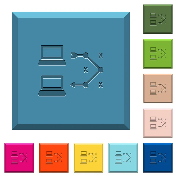 路由跟踪在各种时髦颜色的边方形按钮上雕刻图标的远程计算机 — 图库矢量图片