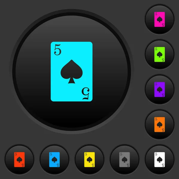 五黑桃卡黑暗按钮与生动的颜色图标在深灰色背景 — 图库矢量图片