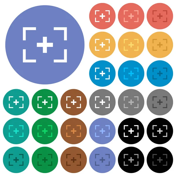 Caméra Réticule Multicolore Icônes Plates Sur Des Fonds Ronds Inclus — Image vectorielle