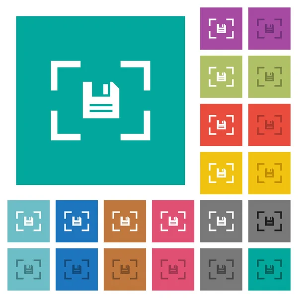 Camera save image multi colored flat icons on plain square backgrounds. Included white and darker icon variations for hover or active effects.