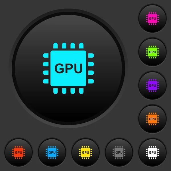 グラフィックス プロセッシング ユニット暗い暗い灰色の背景に色鮮やかなアイコンとボタンを押す — ストックベクタ
